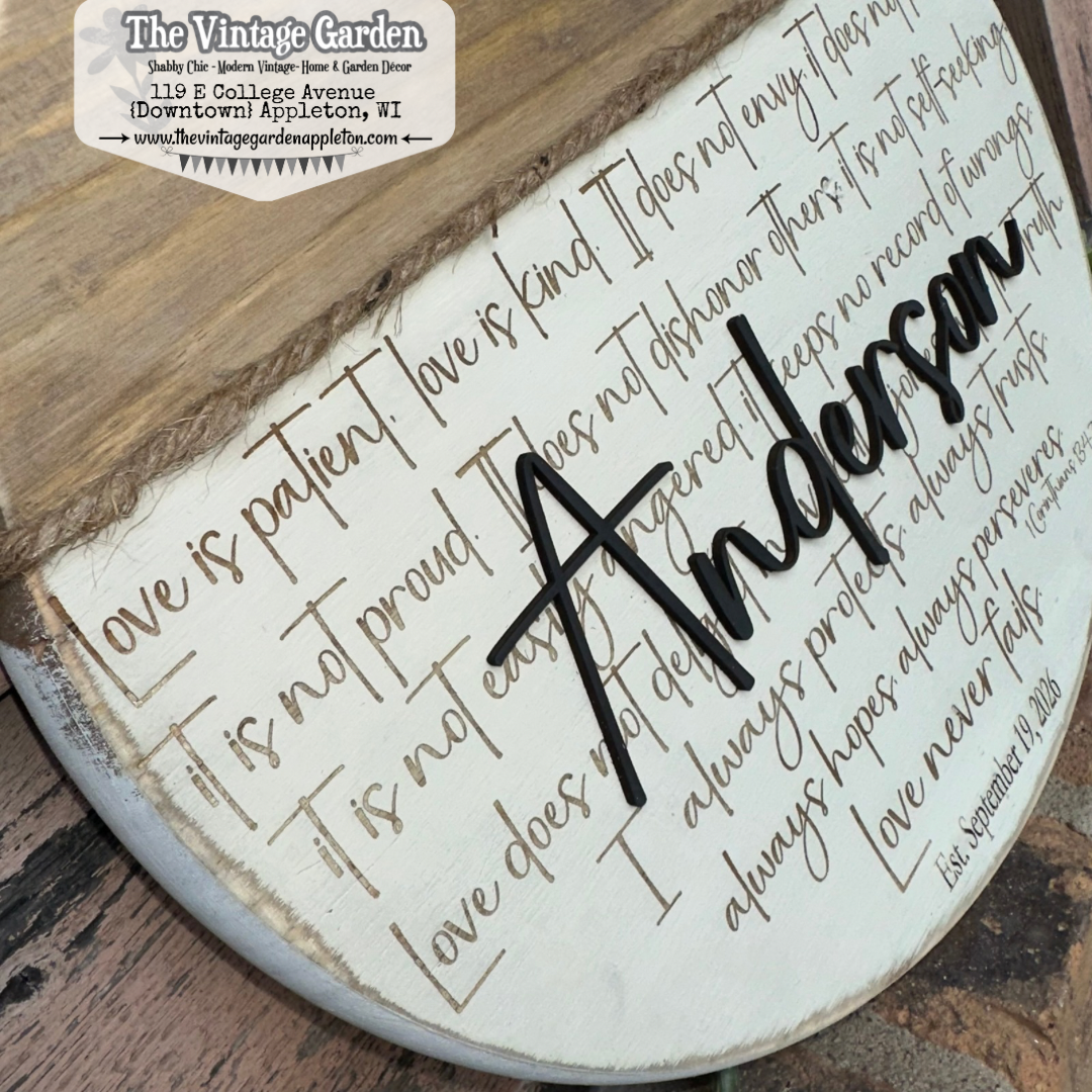 Love Never Fails | 1 Corinthians 13: 4-8 | Engagement, Wedding, Anniversary | Custom Sign