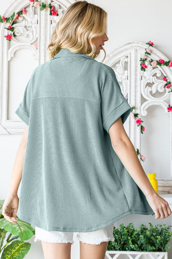 Ribbed Short Sleeved Button Up | Slate