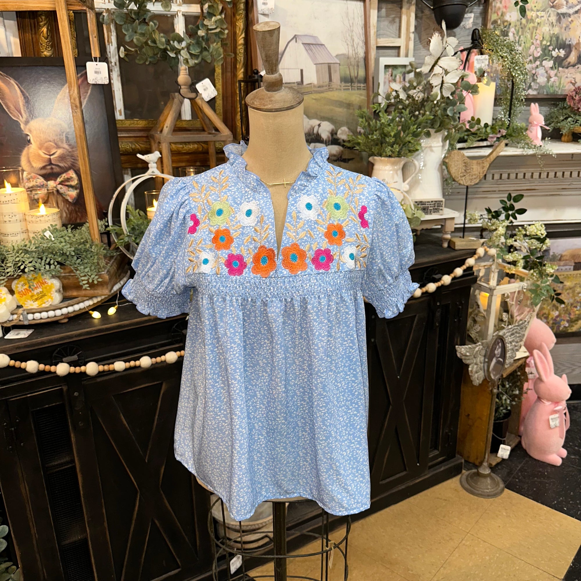 Embroidered Floral Smocked Blouse