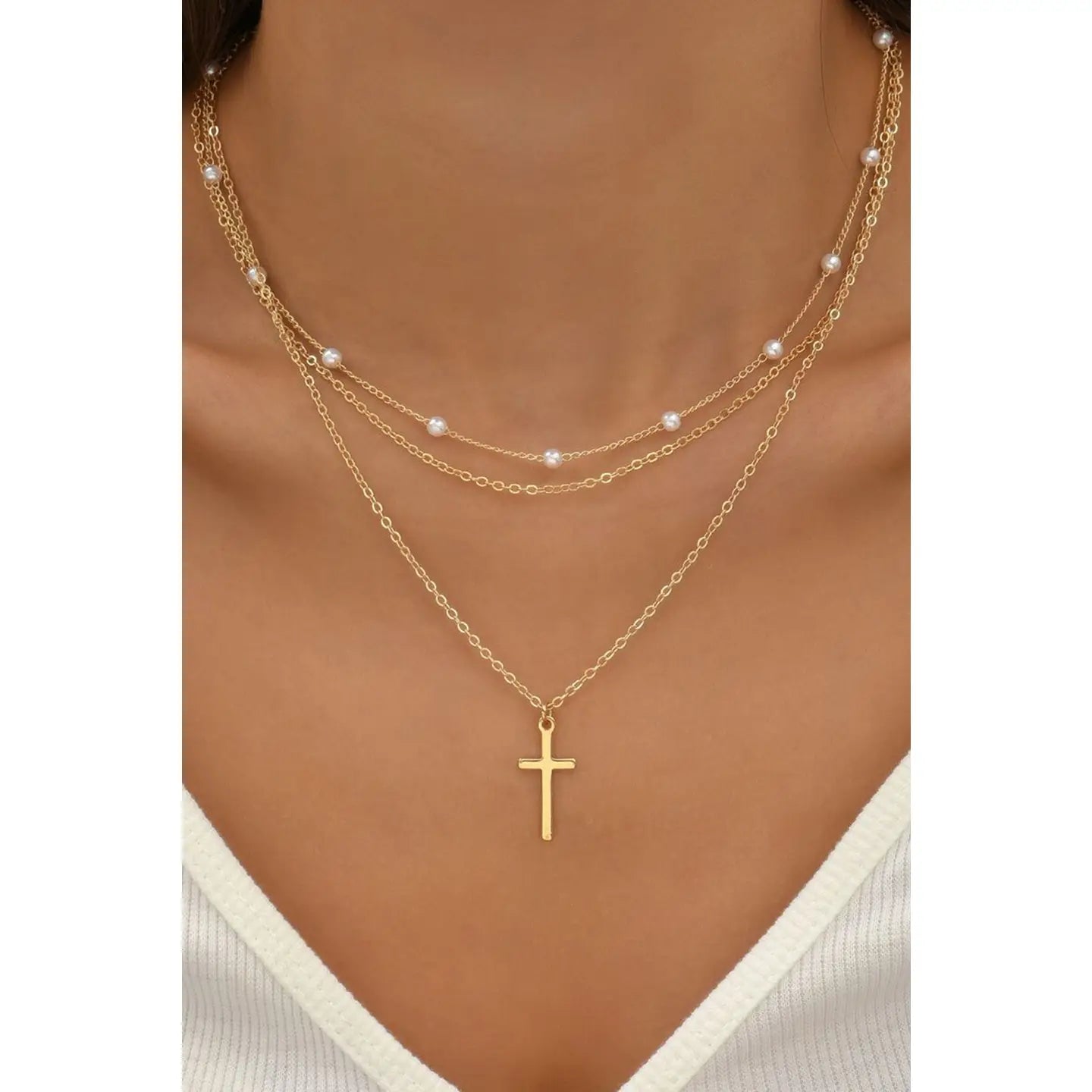 Triple Layer Cross Necklace | Gold