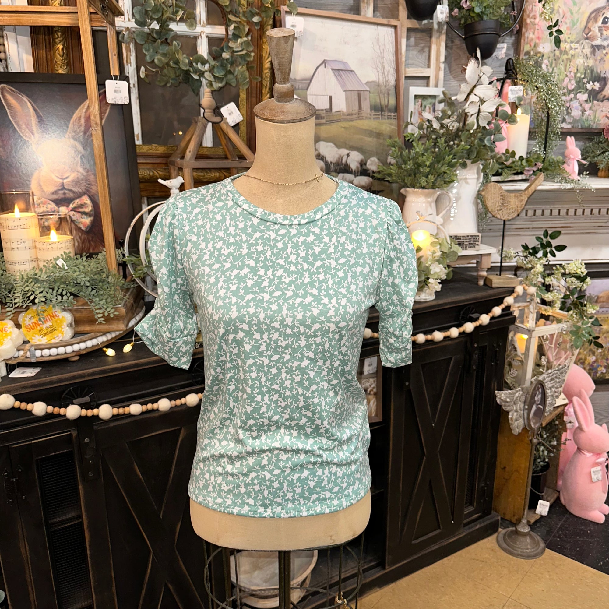 Mint Floral Puff Sleeve Top