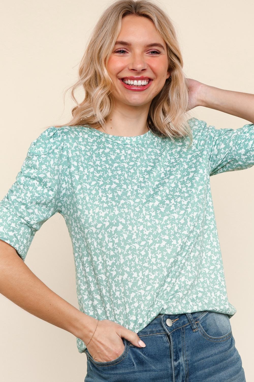 Mint Floral Puff Sleeve Top