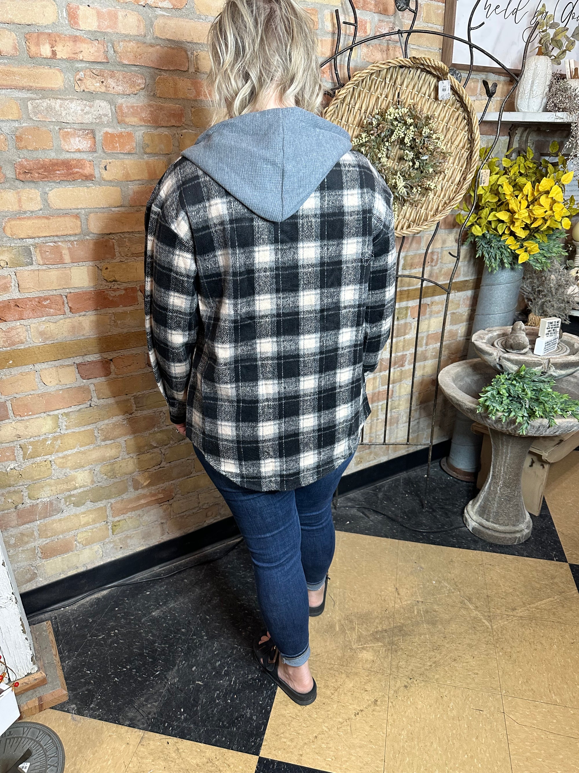Flannel Button Up with Hood | Black & Grey