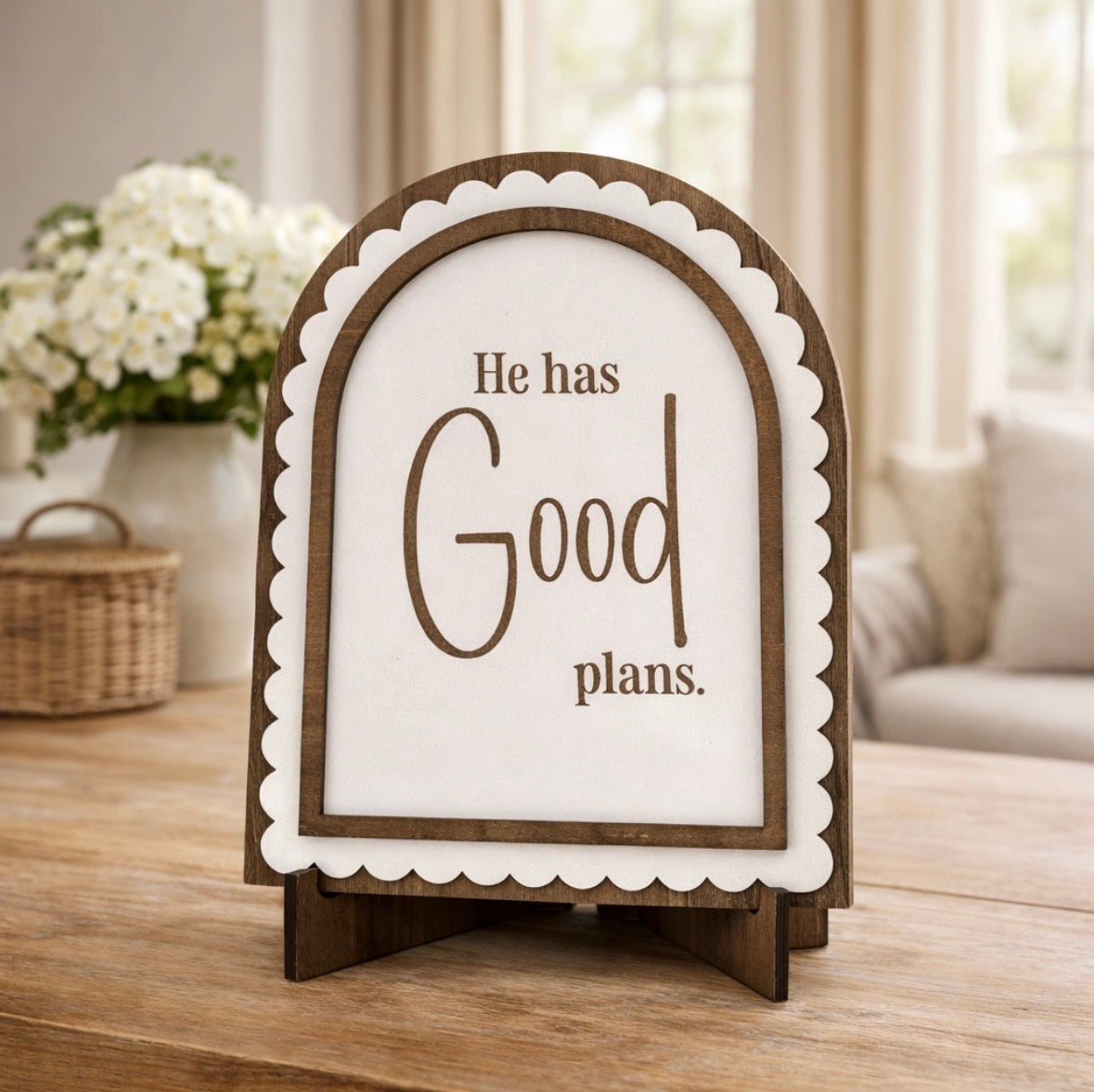 He Has Good Plans | Handmade Arched Art with Easel
