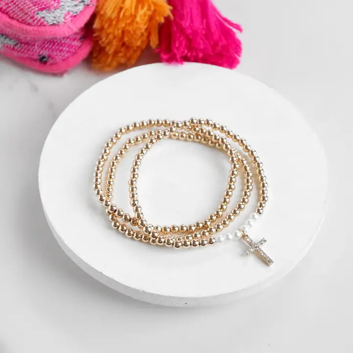 Stacked Cross Bracelet Set | Rhinestone Cross | Silver or Gold