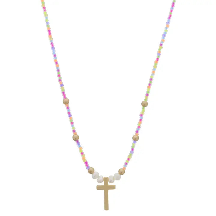 Neon Multi Beaded Cross Necklace | 14" | Child's