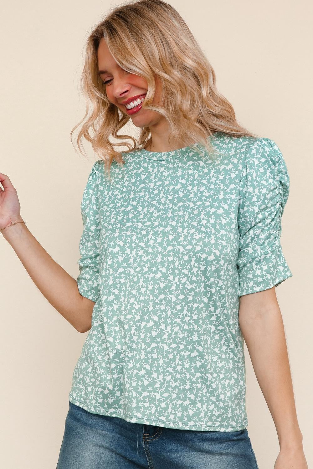Mint Floral Puff Sleeve Top