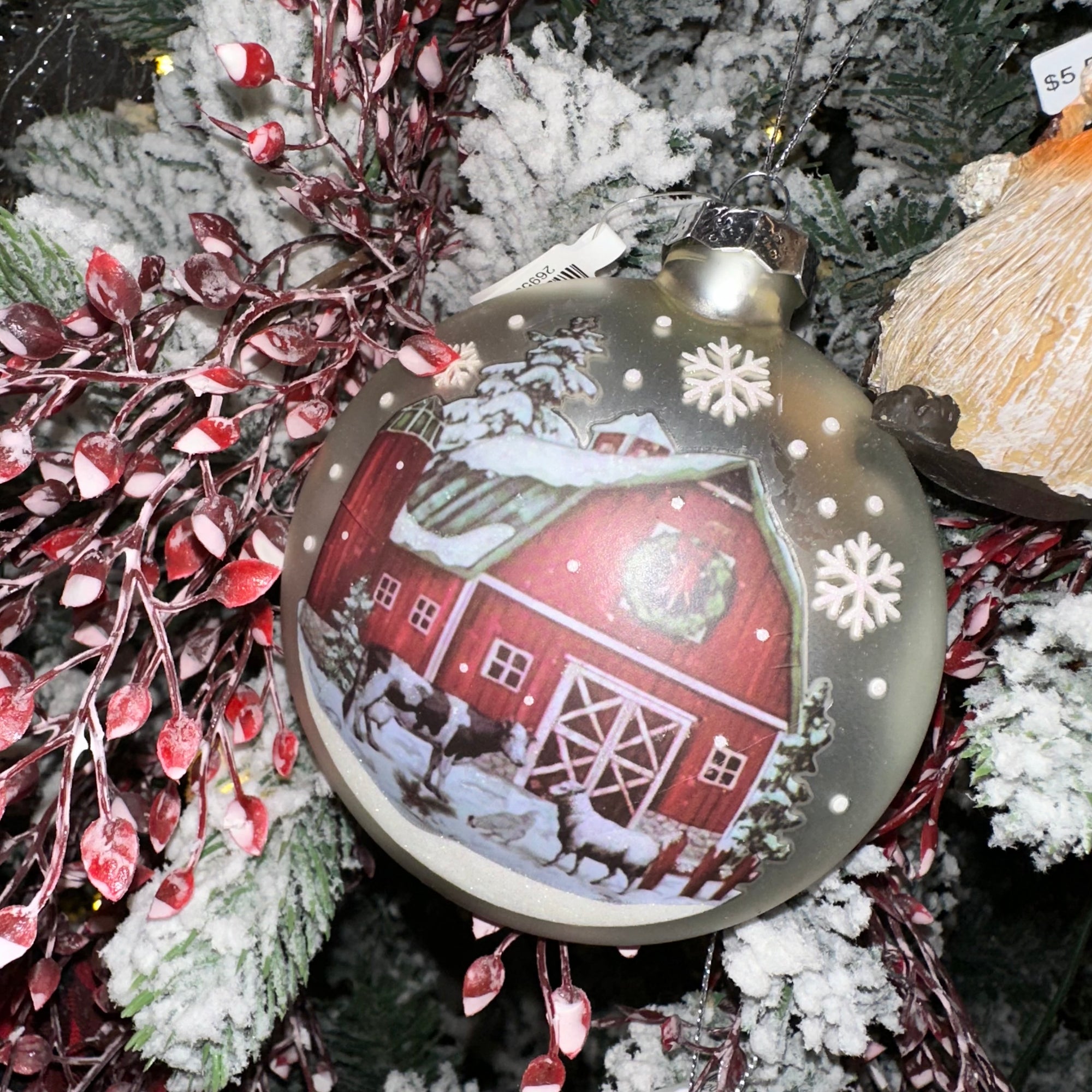 Glass Holiday Barn Disk | Ornament