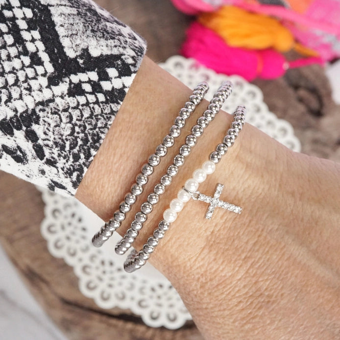 Stacked Cross Bracelet Set | Rhinestone Cross | Silver or Gold