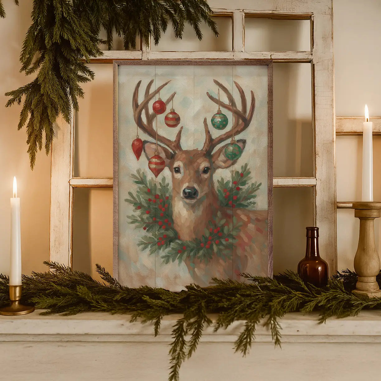 Christmas Whitetail Deer with Wreath | Wall Art