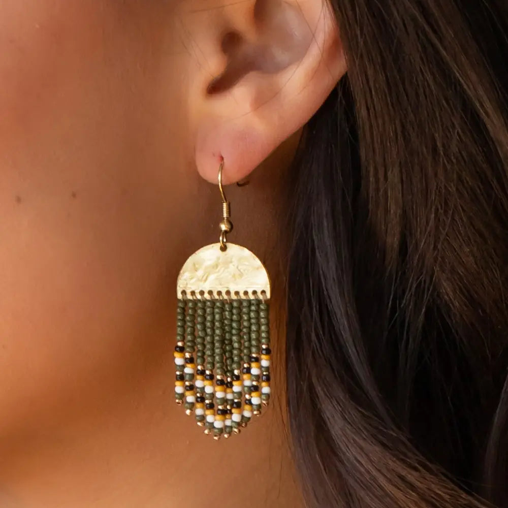 Gold & Olive Beaded Fringe | Earrings