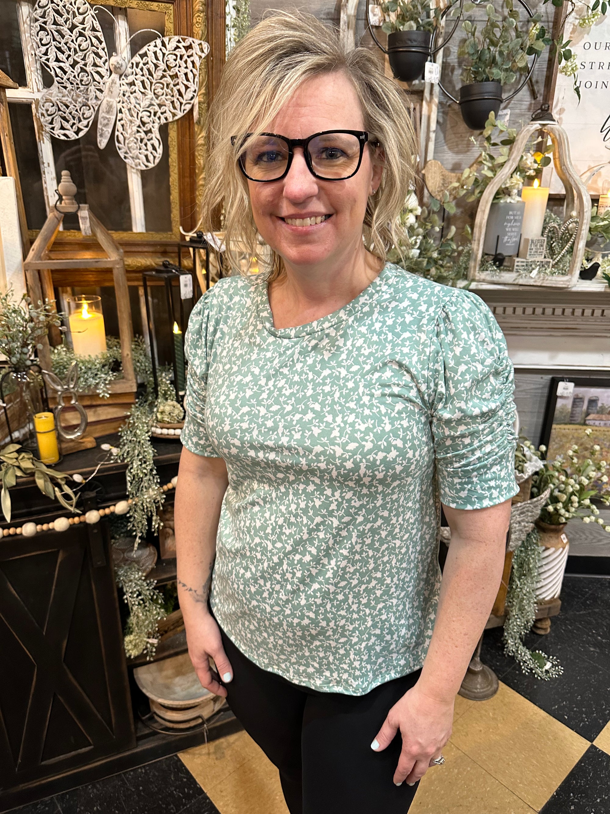 Mint Floral Puff Sleeve Top