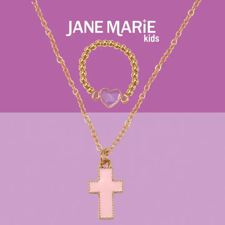 Pink Cross Necklace & Purple Heart Ring | 14" | Child's