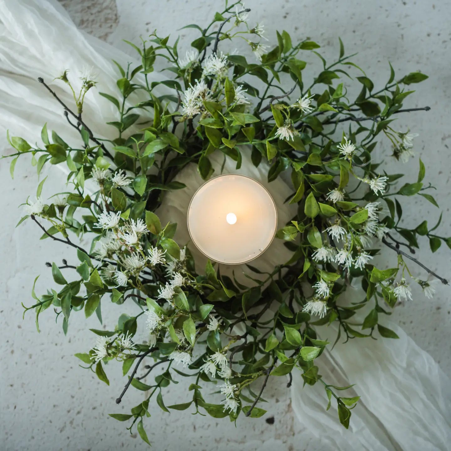 Tea Leaf with White Flowers Candle Ring | 12"