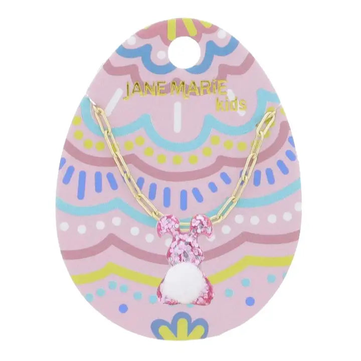 Pink Glitter Bunny with Pom Tail Necklace | 14" | Child's
