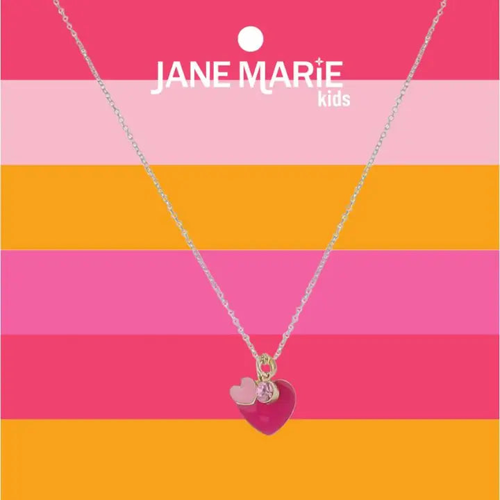 Pink Enamel Heart & Stone Necklace | 14" | Child's