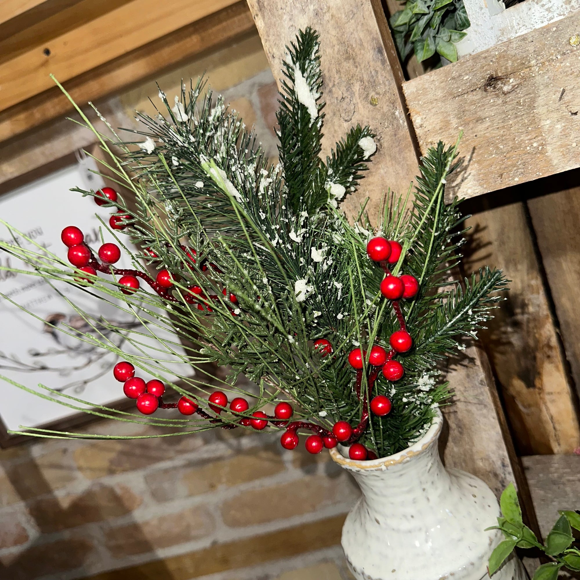 Snowy Mixed Pine & Berry Bush