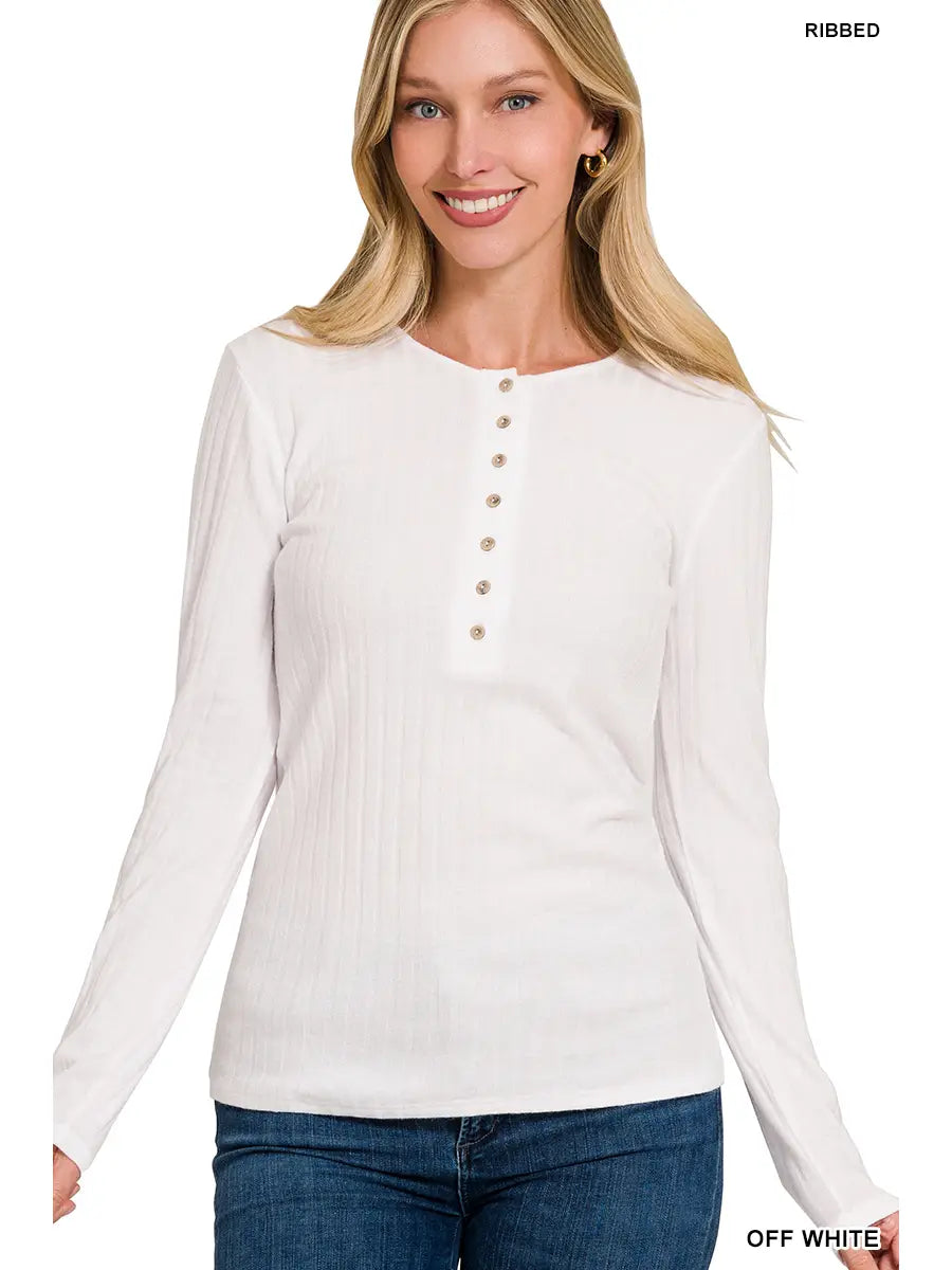 Ribbed Long Sleeve Henley | Off-White