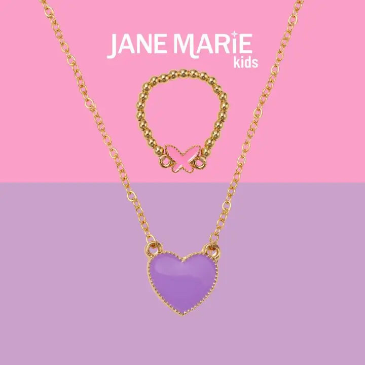 Purple Heart Necklace & Butterfly Ring | 14" | Child's