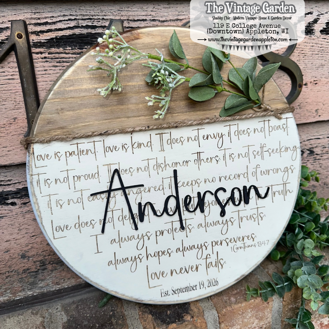 Love Never Fails | 1 Corinthians 13: 4-8 | Engagement, Wedding, Anniversary | Custom Sign