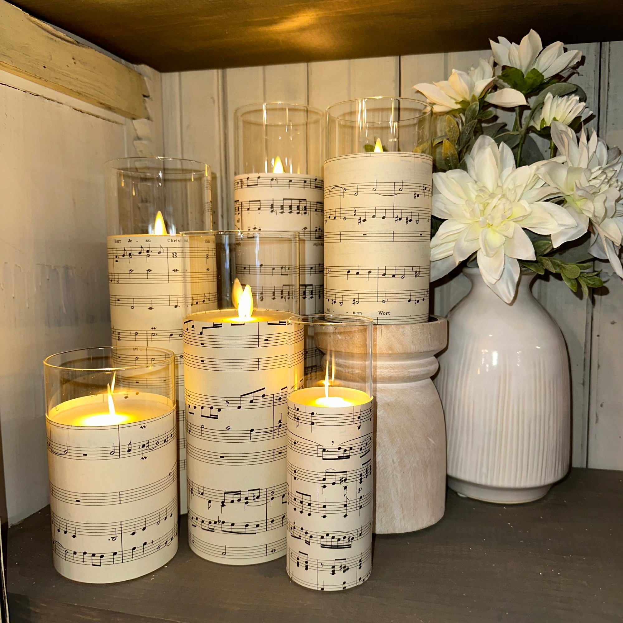 Glass Vase Candle | Vintage Music Sheet | Battery Operated