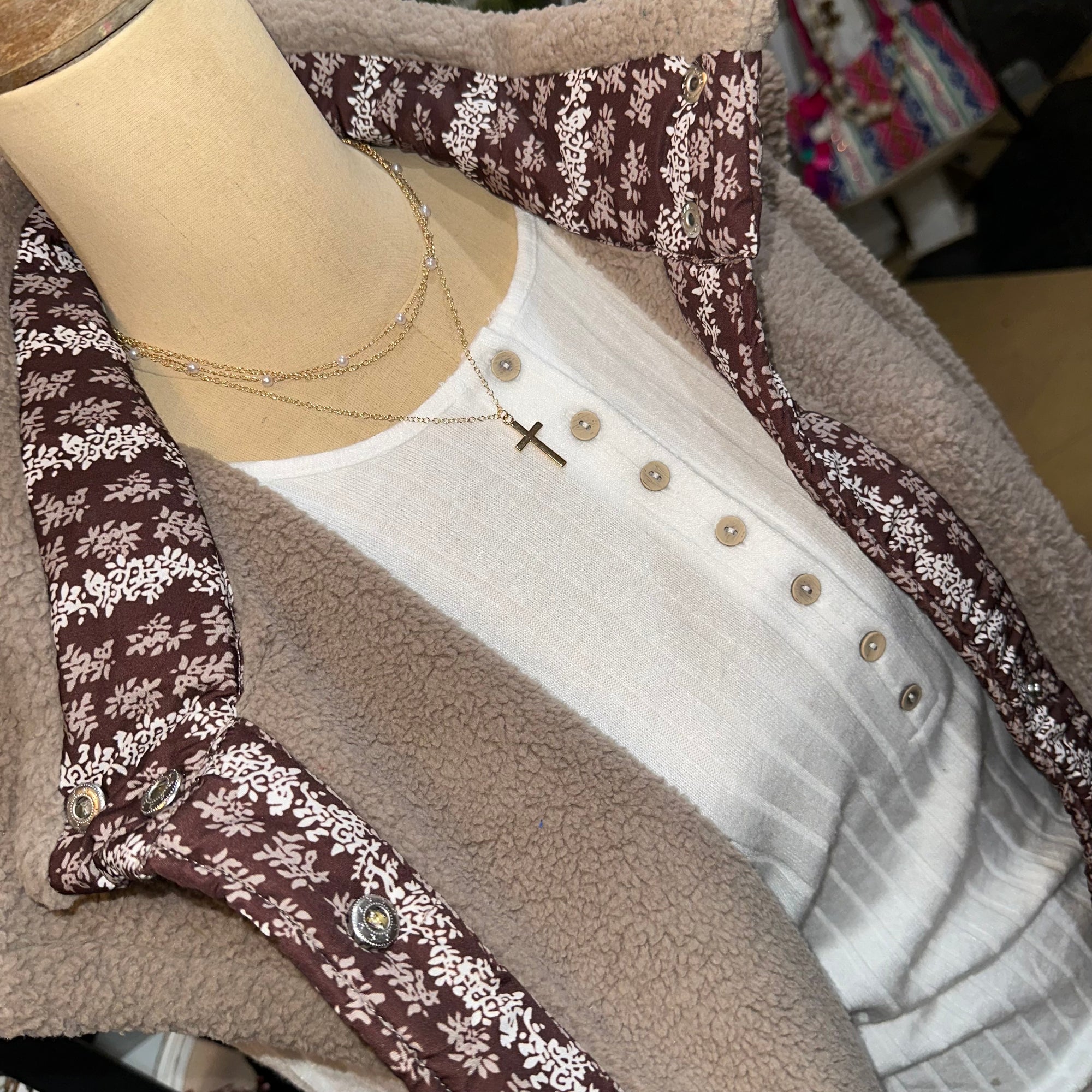 Soft Florals Fleece Vest | Mocha