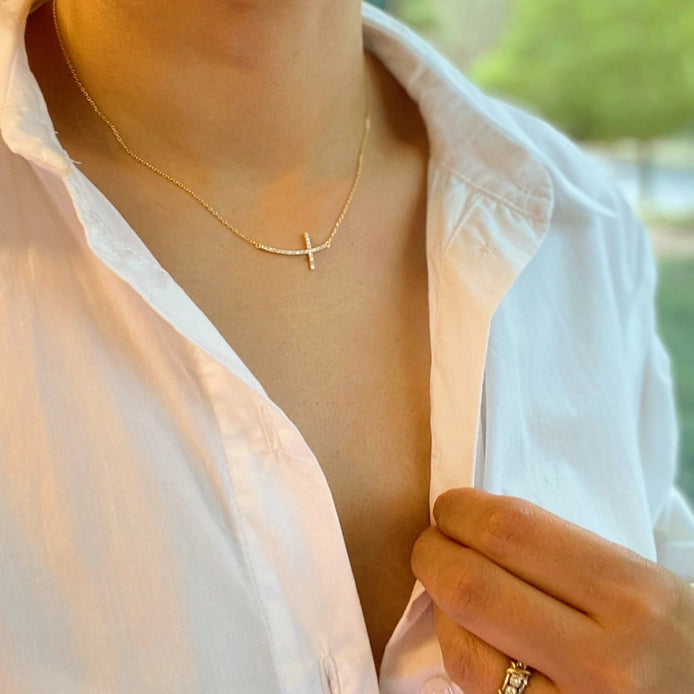 Rhinestone Cross Necklace | Gold