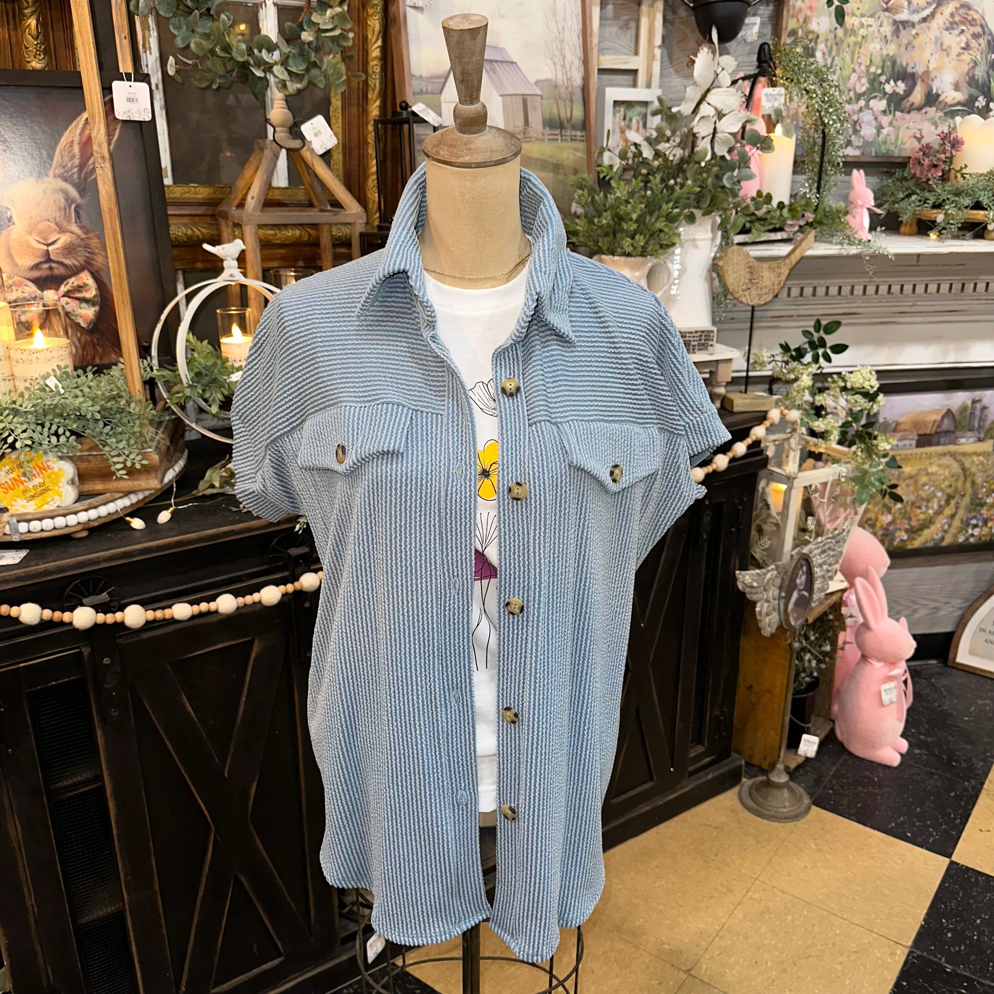 Ribbed Short Sleeved Button Up | Slate