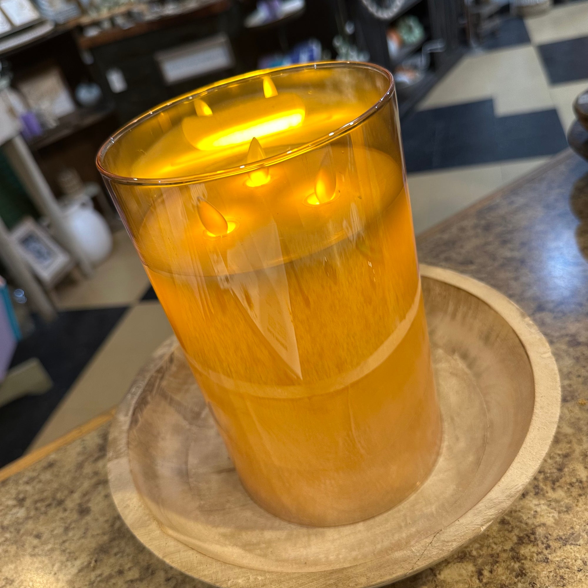 Triple Wick Glass Vase Candle | Amber | Battery Operated