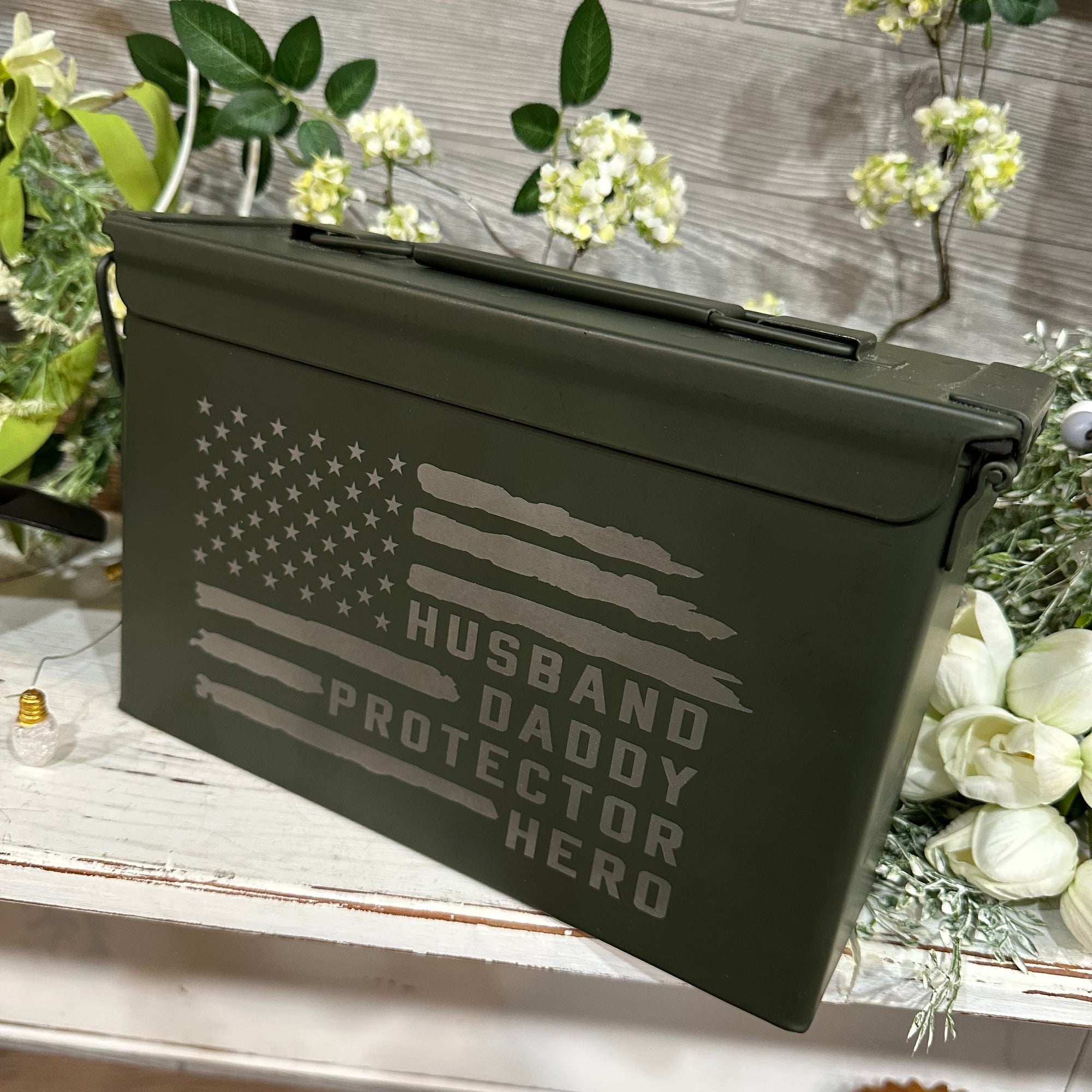 Husband, Daddy, Protector, Hero Flag | Engraved Ammo Can