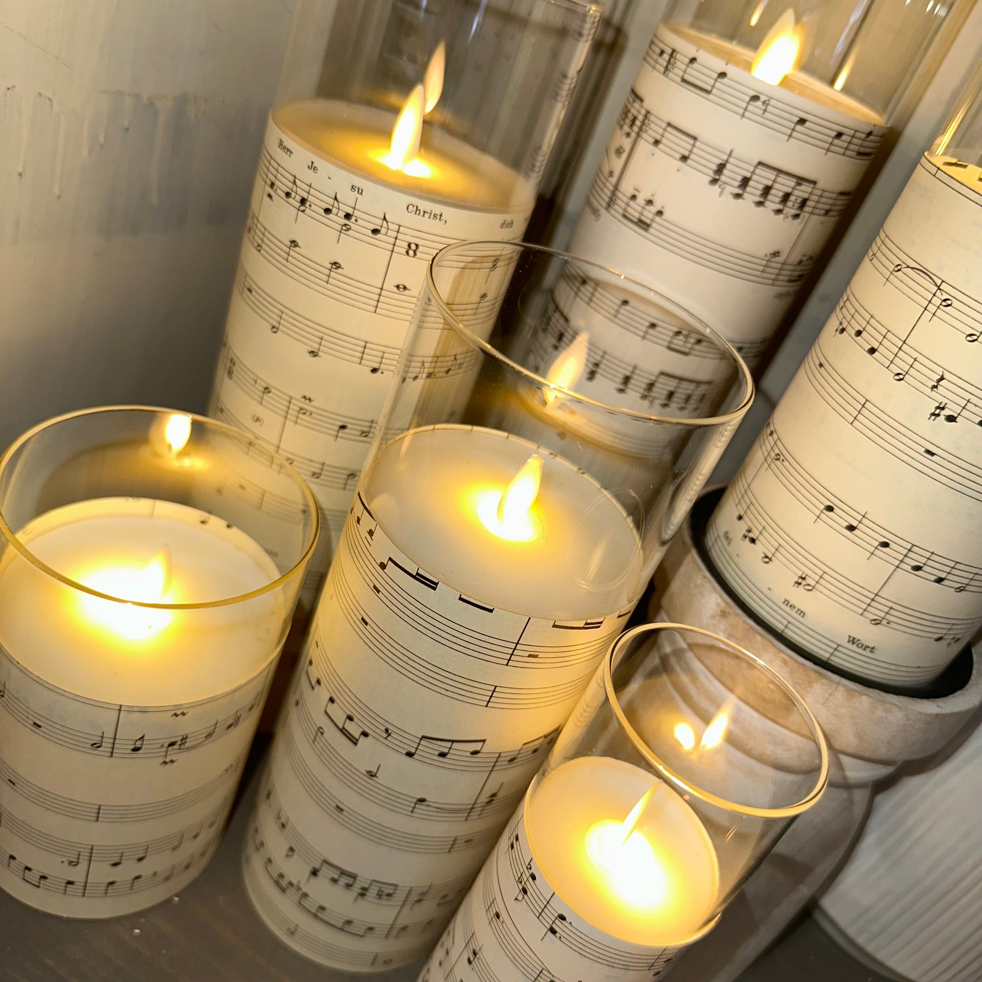 Glass Vase Candle | Vintage Music Sheet | Battery Operated