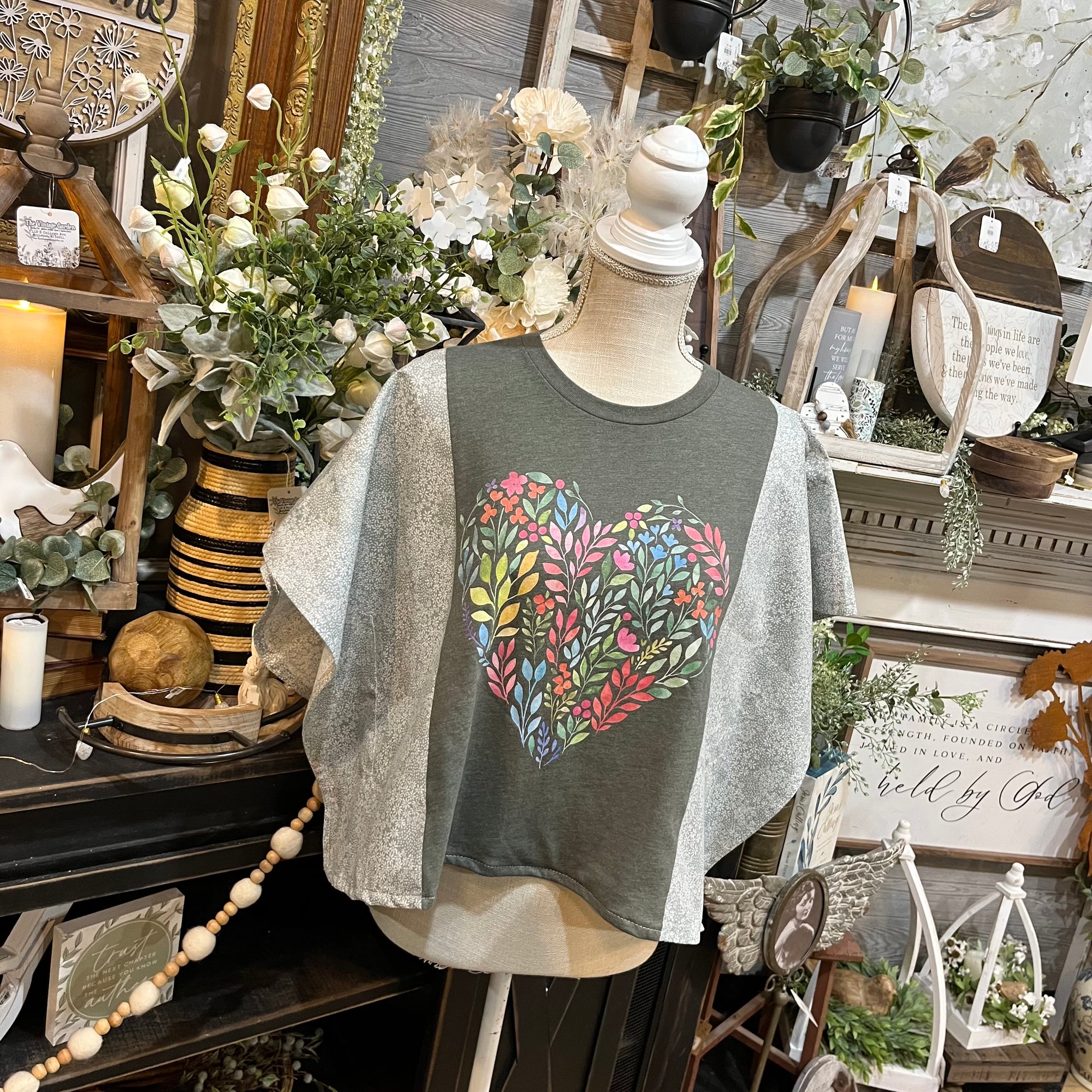 Handmade Flutter Sleeves Top | Reclaimed Floral Heart Graphic Tee
