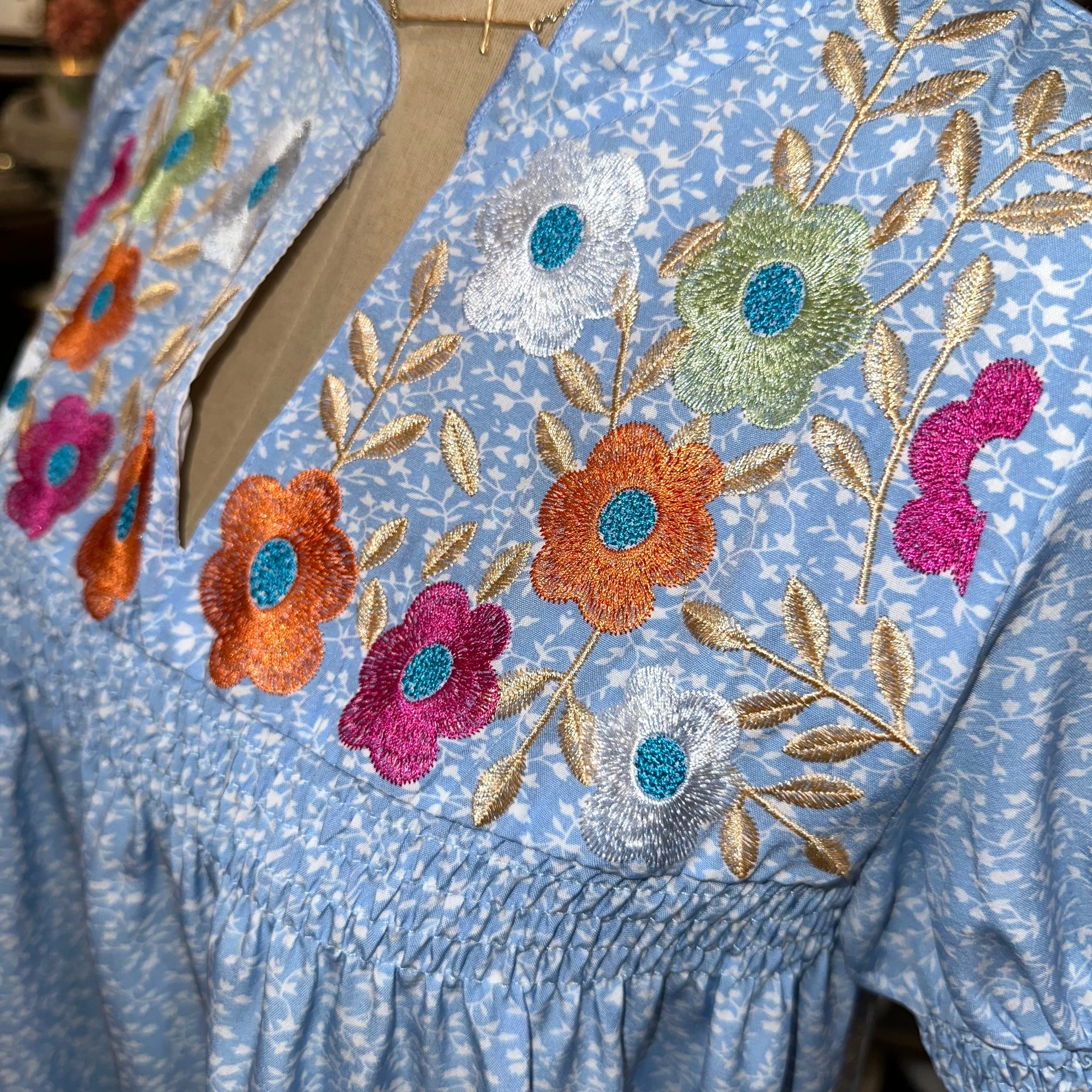 Embroidered Floral Smocked Blouse
