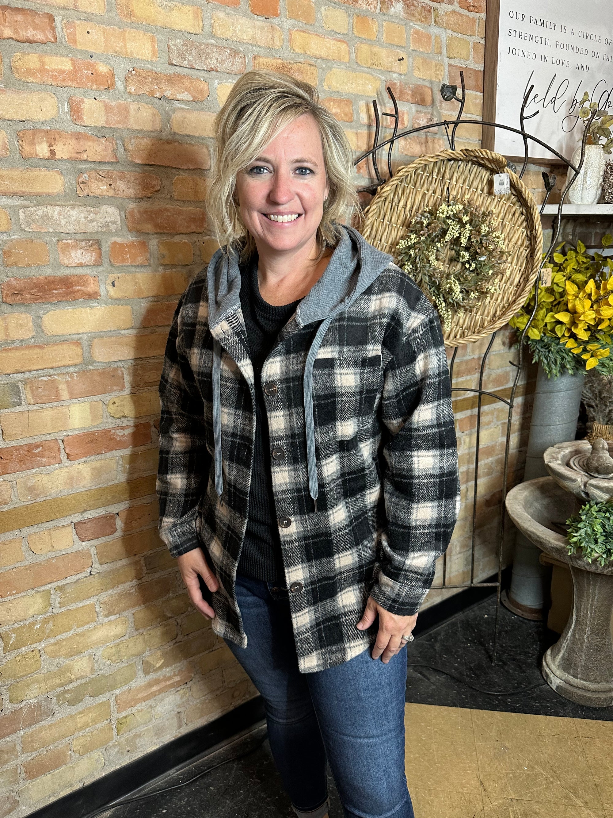 Flannel Button Up with Hood | Black & Grey