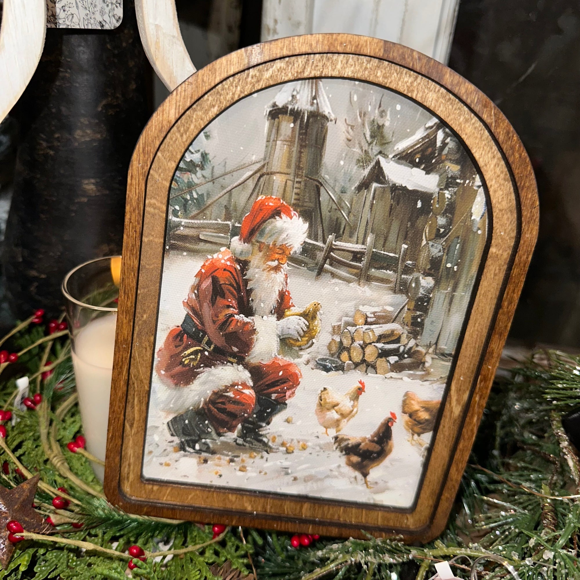 Santa with Chickens | Arched Art