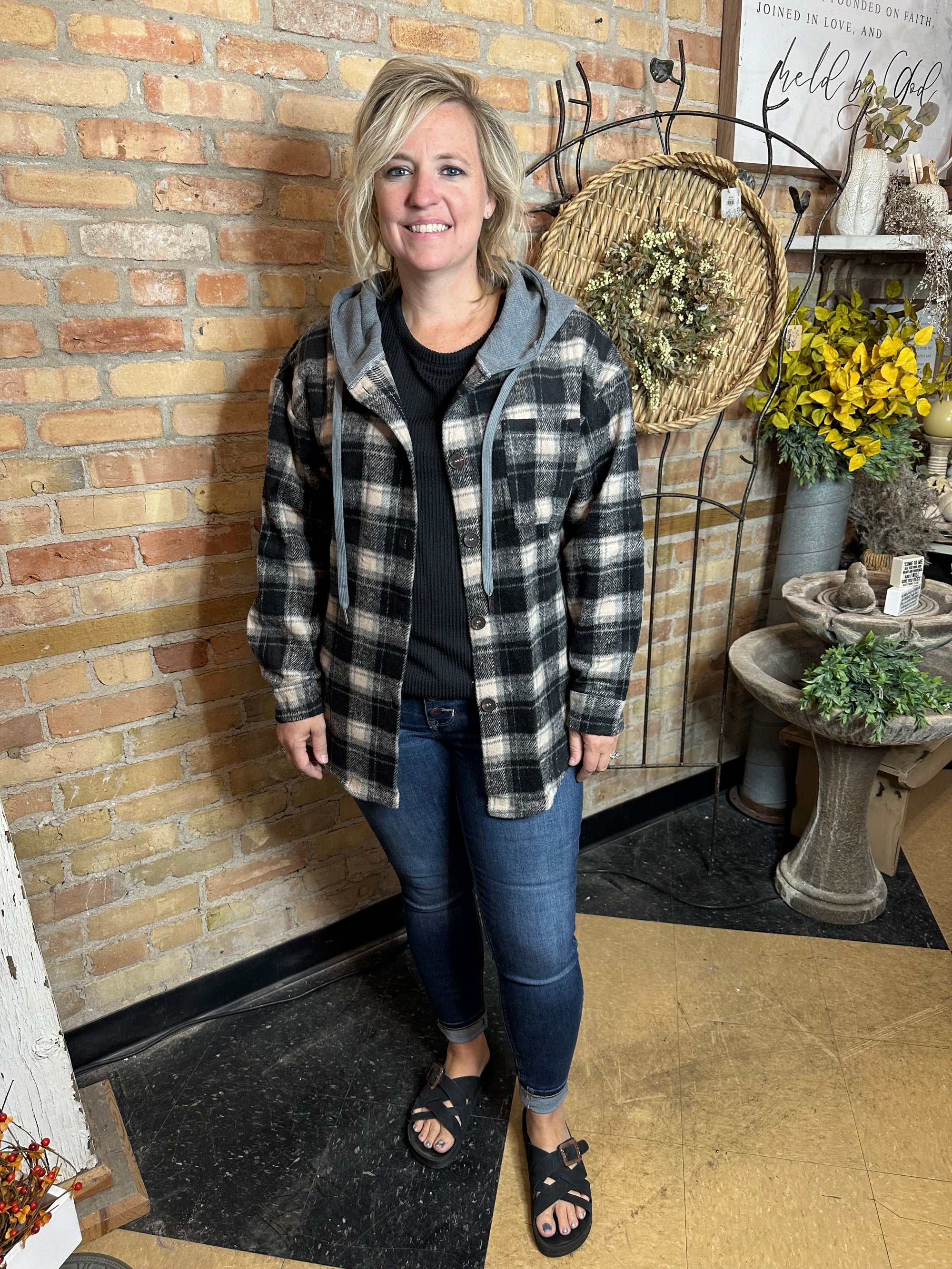 Flannel Button Up with Hood | Black & Grey