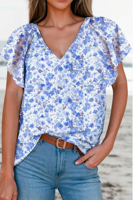 Coastal Bloom Flutter Sleeve Blouse
