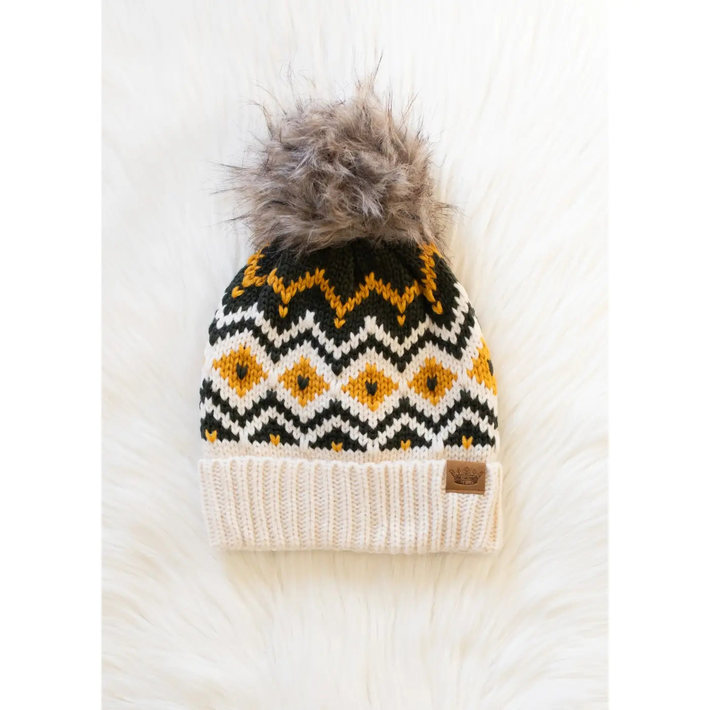 Patterned Pom Hat | Cream, Green & Gold
