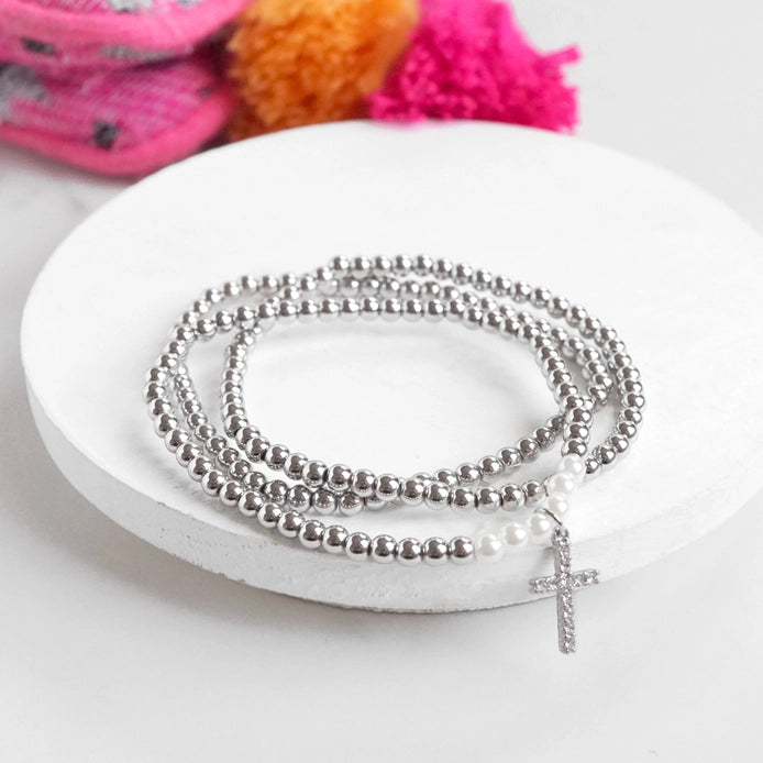 Stacked Cross Bracelet Set | Rhinestone Cross | Silver or Gold