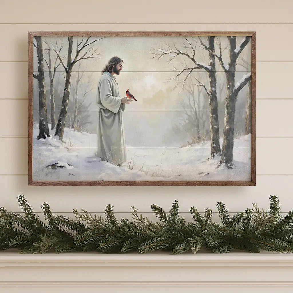 Jesus and Cardinal in Snow | Wall Art