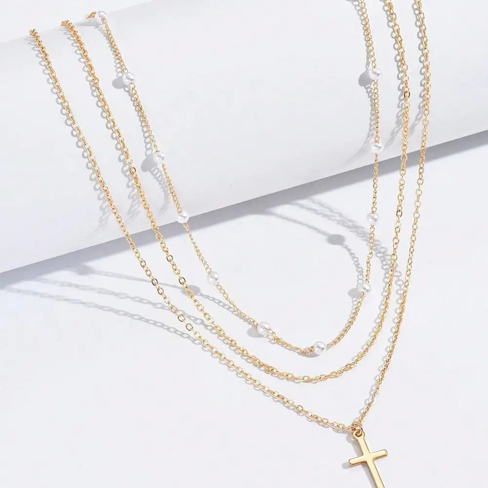 Triple Layer Cross Necklace | Gold