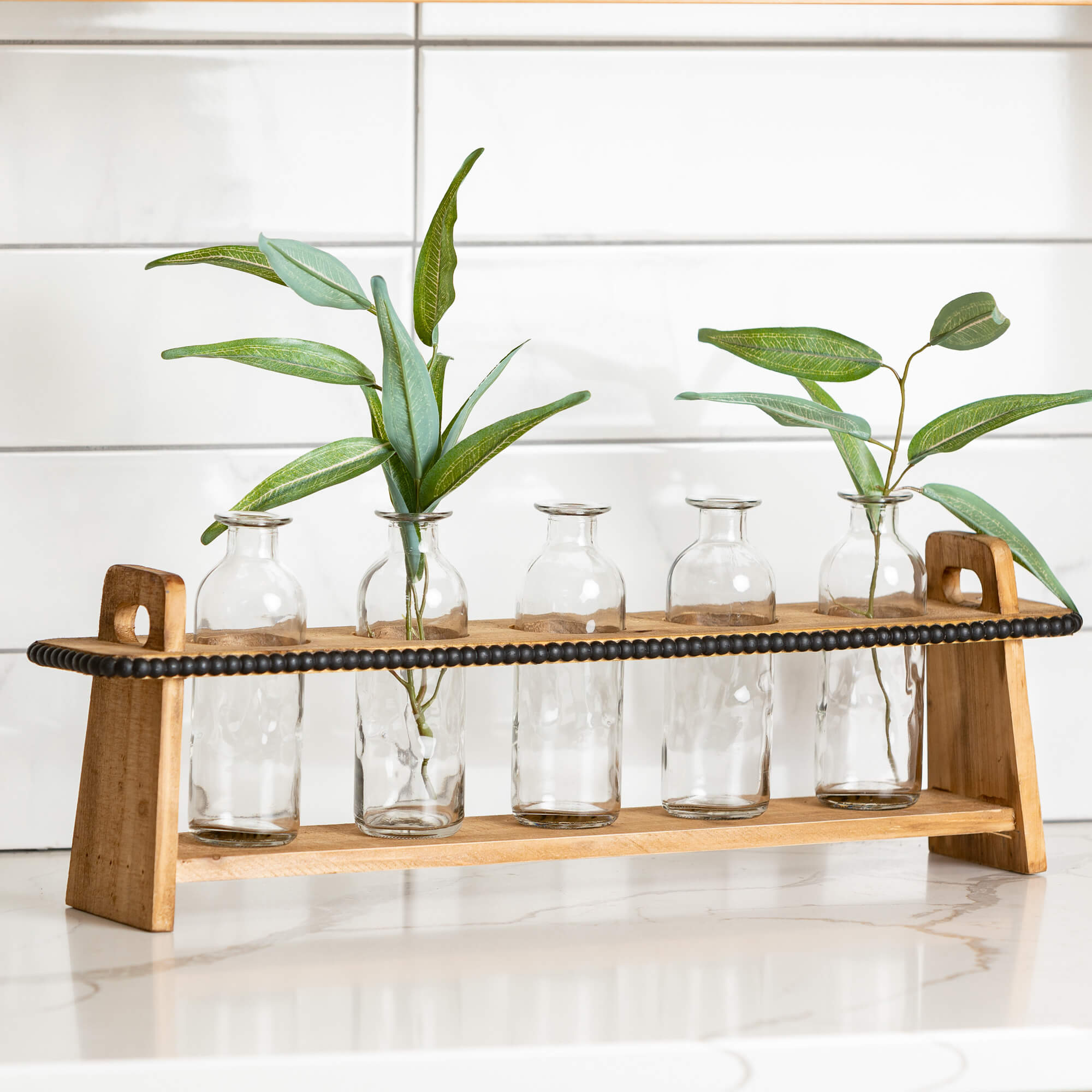 Five Bottle Vase with Wood Base