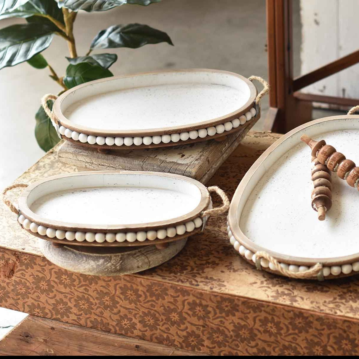 Beaded Wood Oval Tray