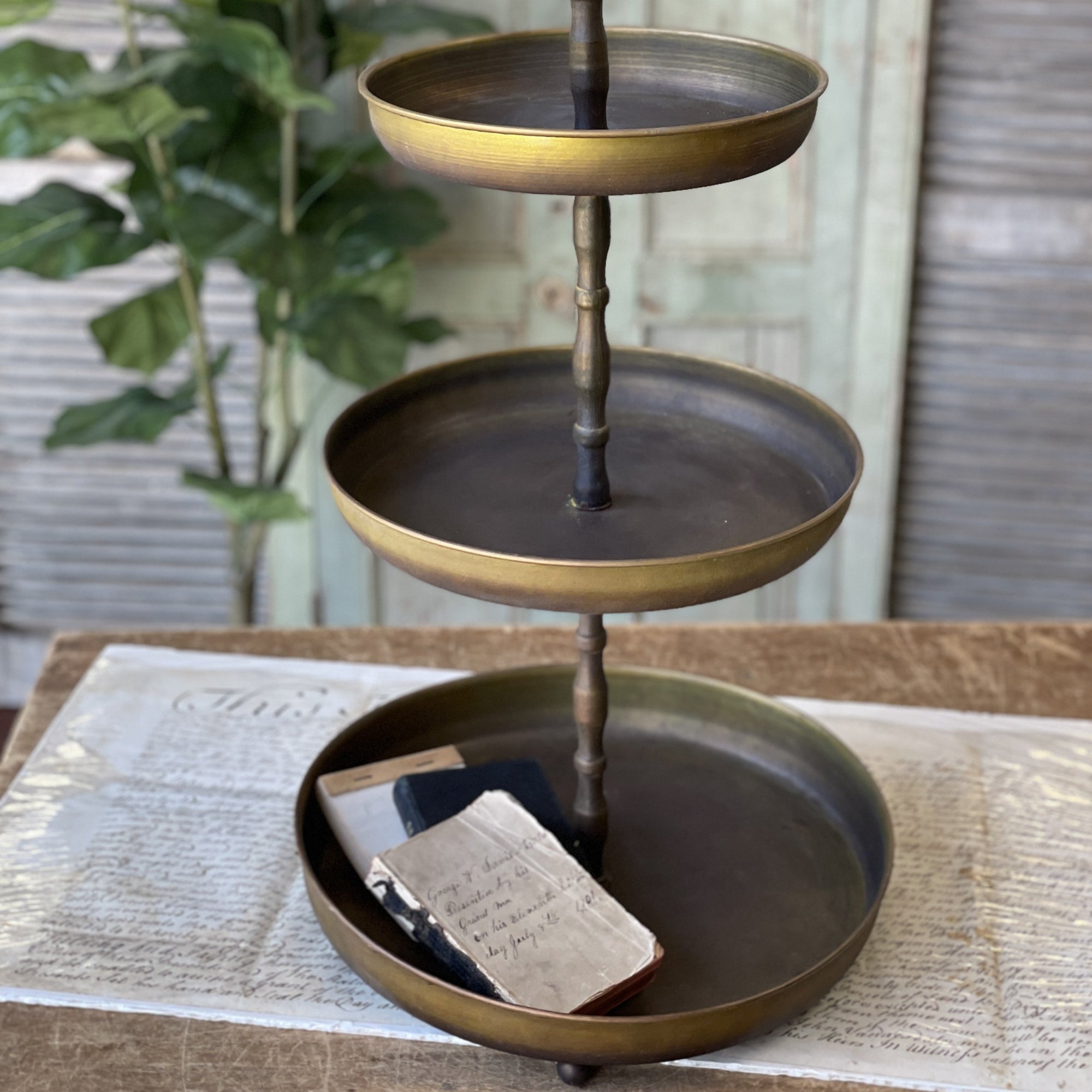 Three Tiered Pedestal | Antique Brass