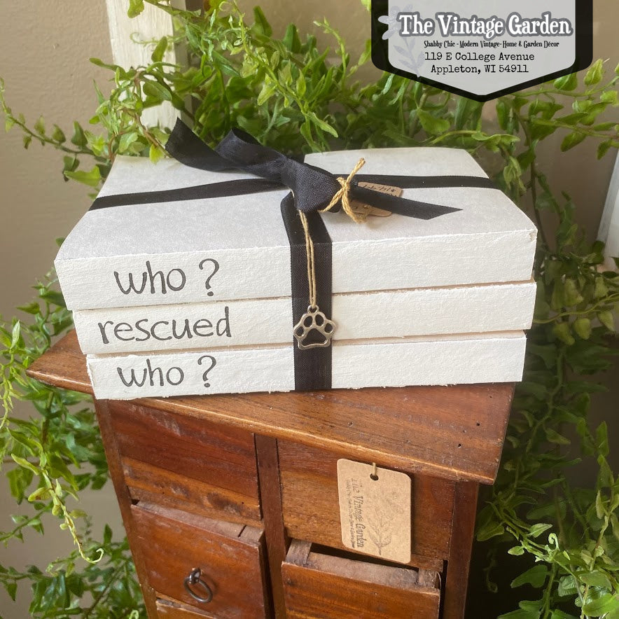 Who Rescued Who | Handstamped Book Stack