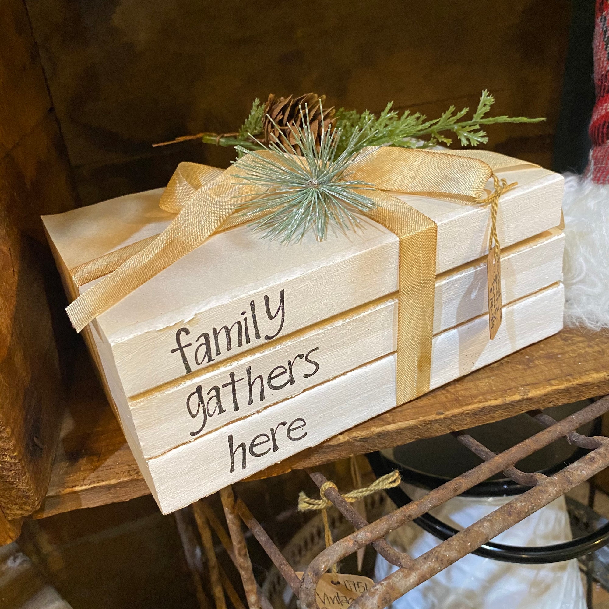 Family Gathers Here | Handstamped Stacked Books