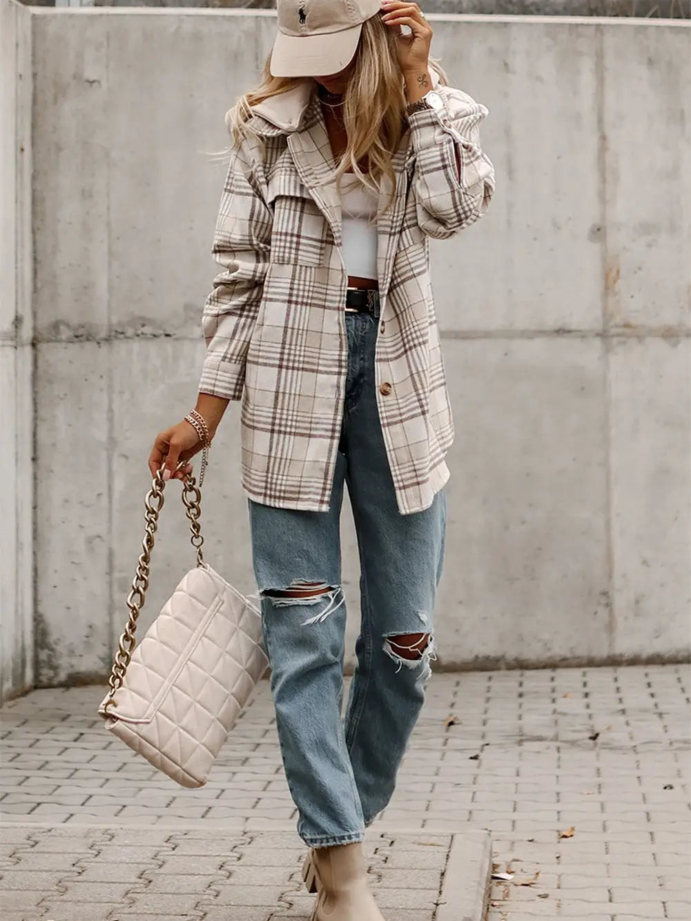 Khaki Plaid Shacket with Removable Hood