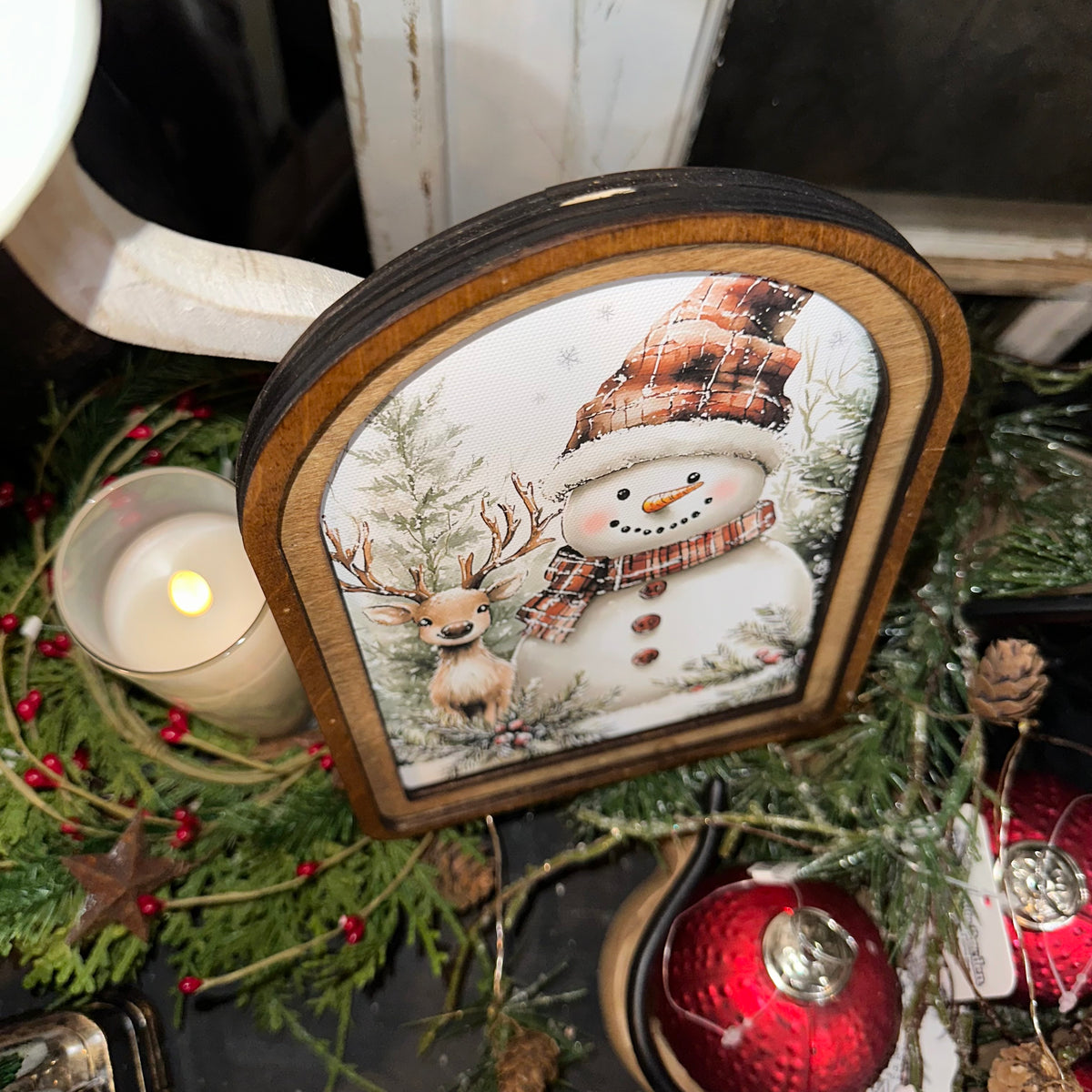 Snowman &amp; Deer | Arched Art