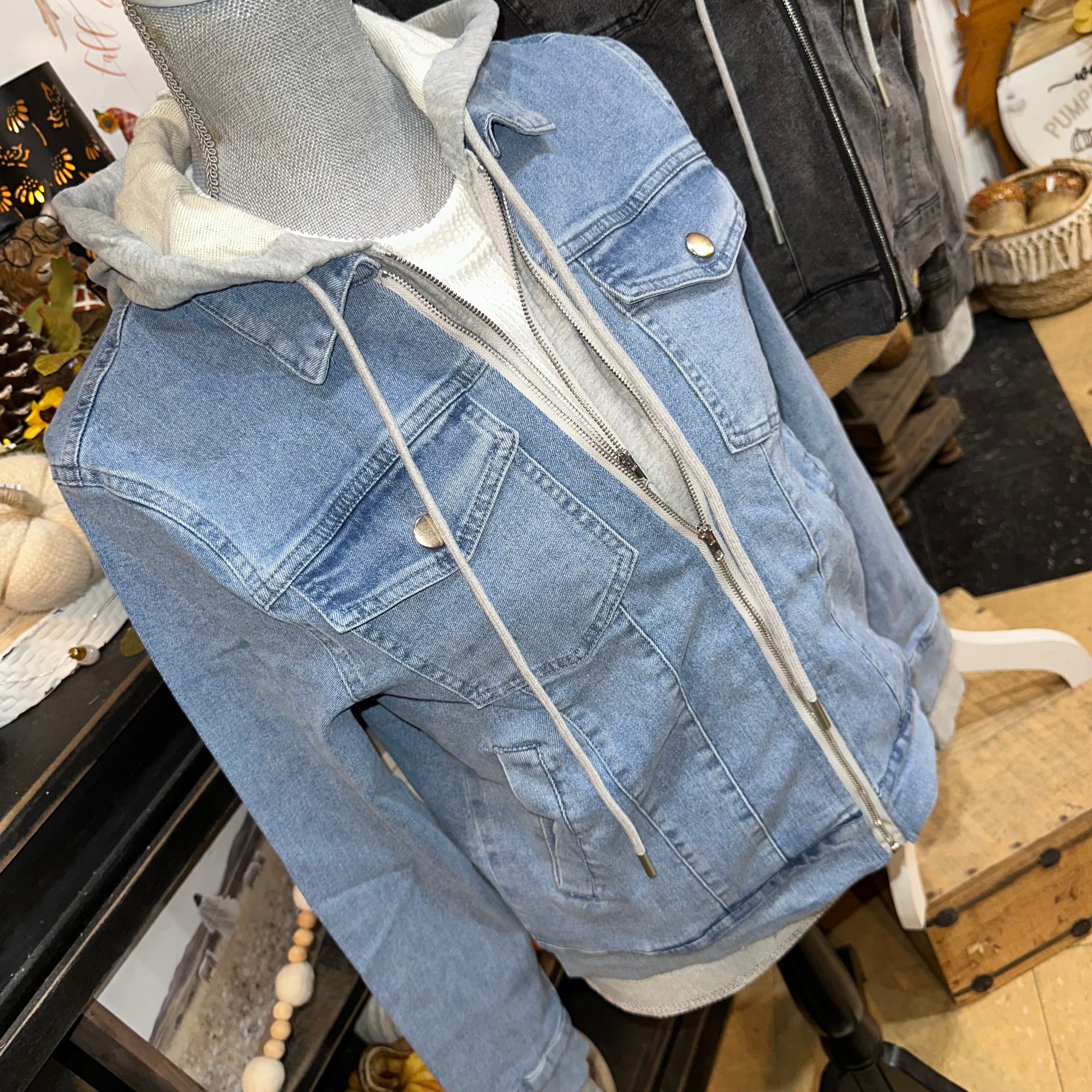 Hooded Jean Jacket | Black Wash or Denim Blue