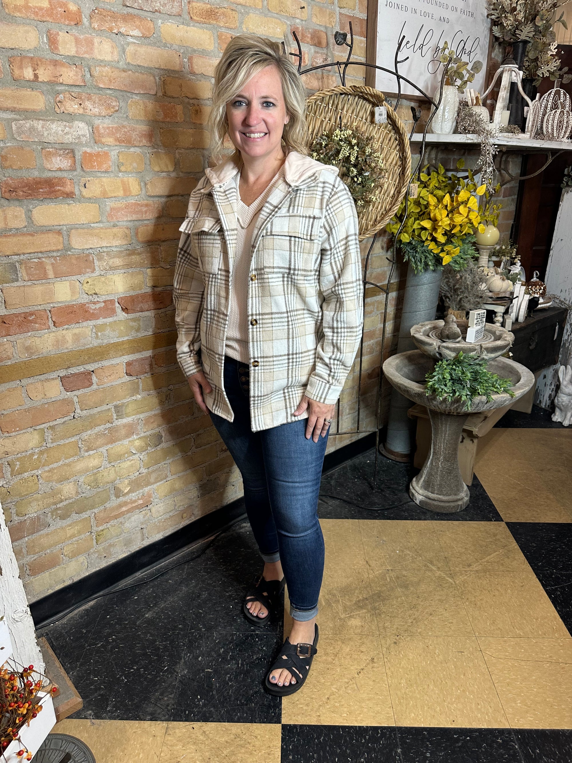 Khaki Plaid Shacket with Removable Hood